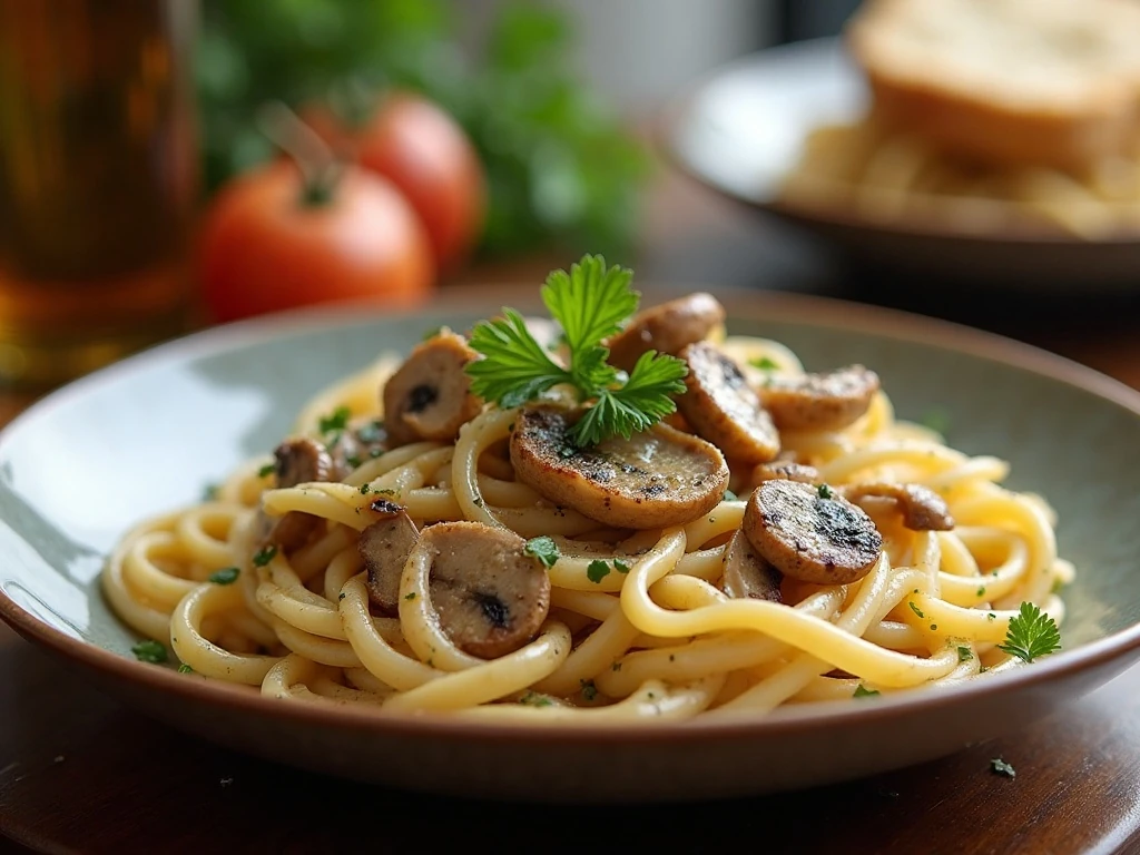 Creamy Dijon chicken and mushroom linguine served for dinner
