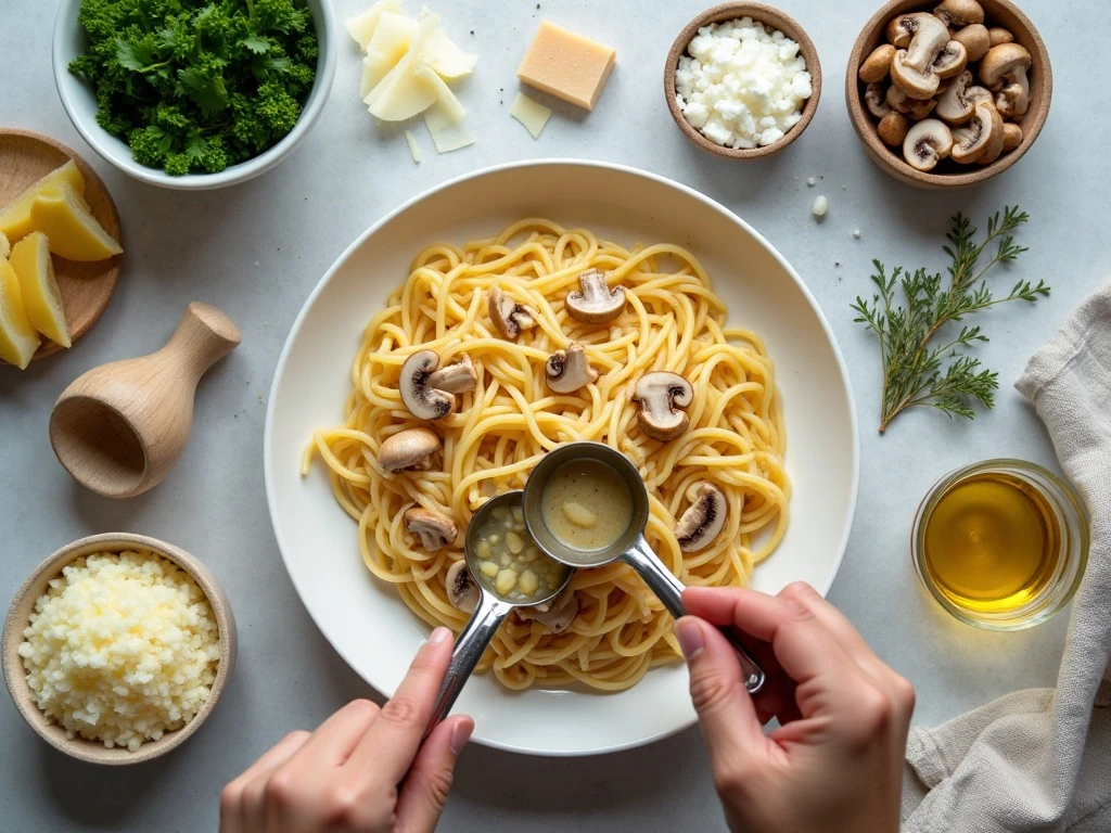 Ingredients for Dijon chicken and mushroom linguine