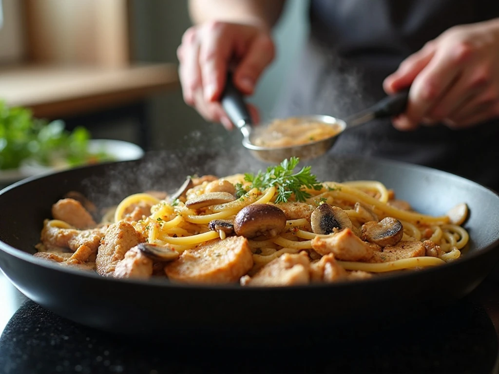 Chicken and mushrooms cooking for creamy Dijon linguine