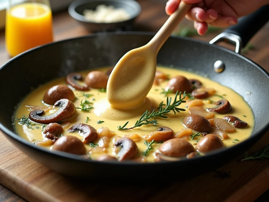 Smooth Dijon cream sauce with mushrooms and onions