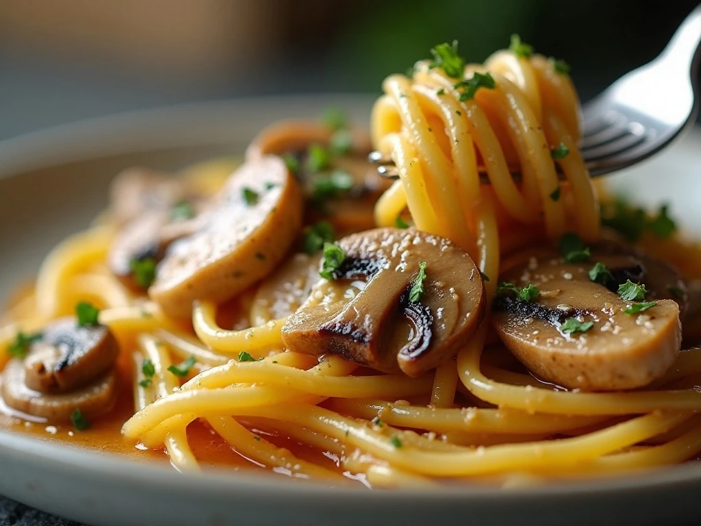 Parsley and Parmesan garnished Dijon chicken linguine