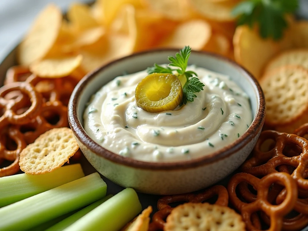 Creamy dill pickle dip served with chips, crackers, pretzels, and fresh vegetables