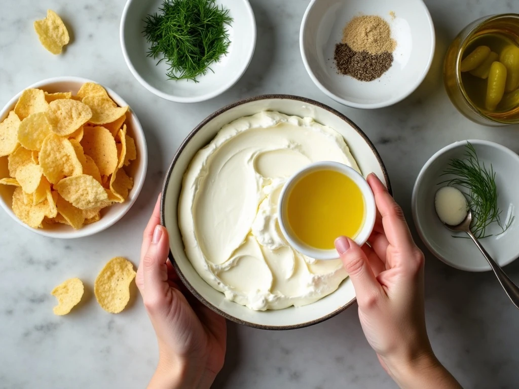 Ingredients for five-minute dill pickle dip arranged for preparation