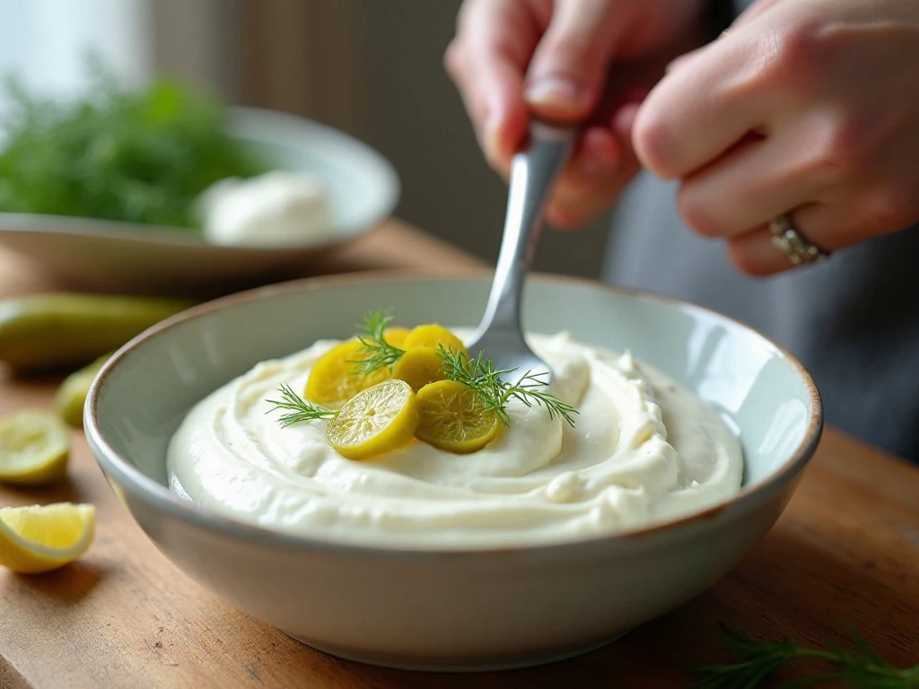 Mixing cream cheese, sour cream, pickles, and dill for pickle dip