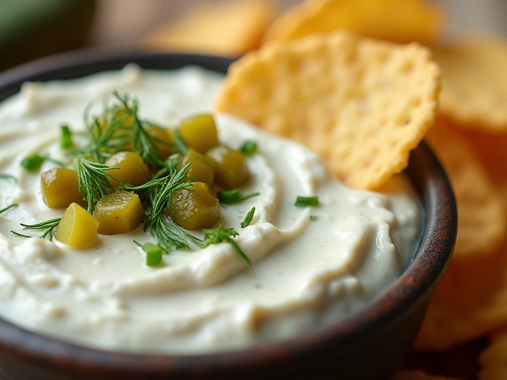 Close-up of dill pickle dip topped with chopped pickles and fresh dill