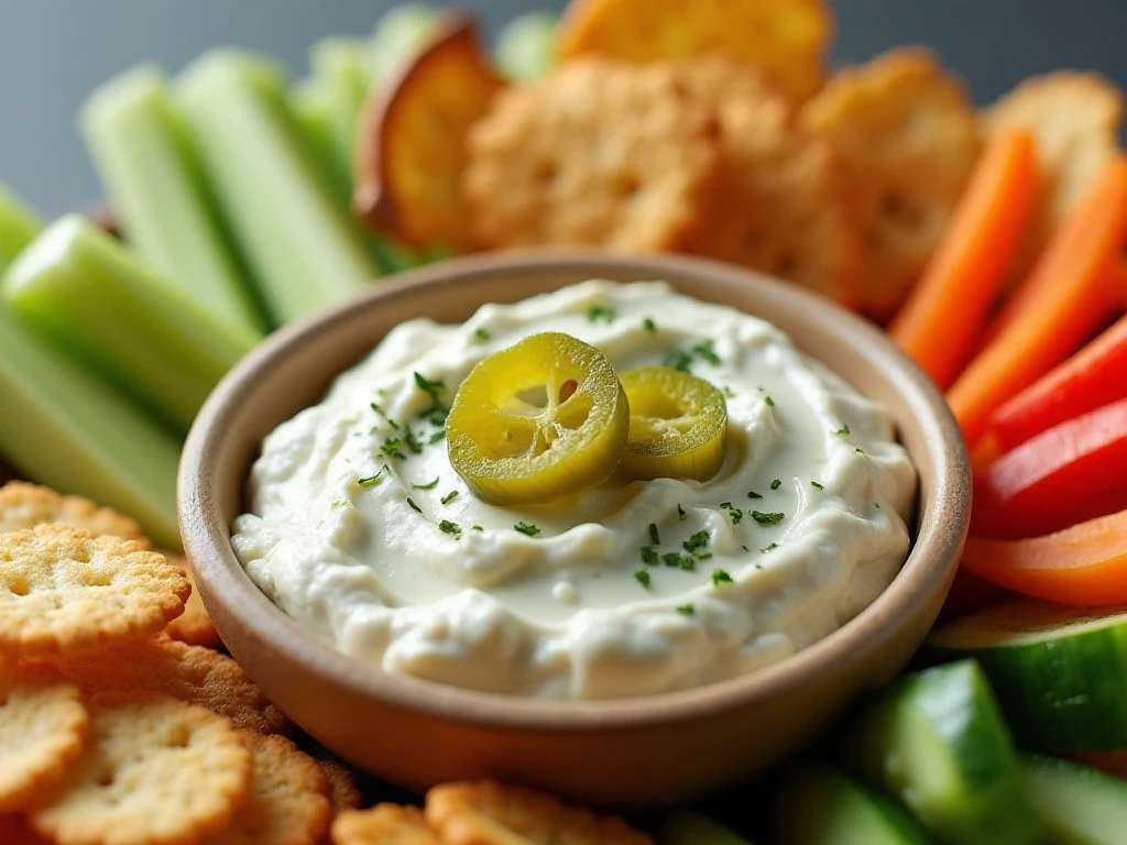 Dill pickle dip with potato chips, pretzels, crackers, and fresh vegetables