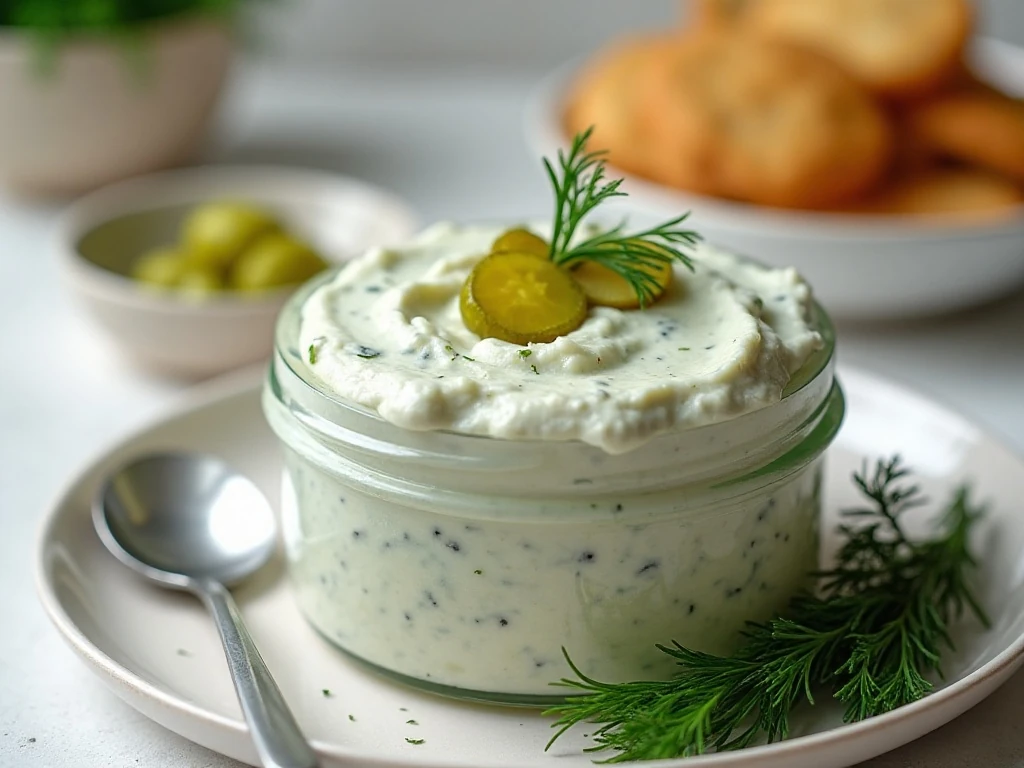 Dill pickle dip stored in a covered container for make-ahead serving