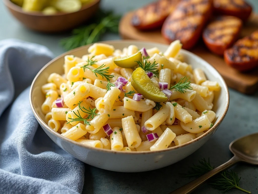 Creamy dill pickle pasta salad served as a picnic side dish