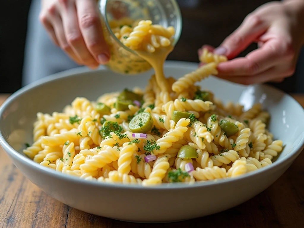 Mixing rotini and dill pickle pasta salad ingredients