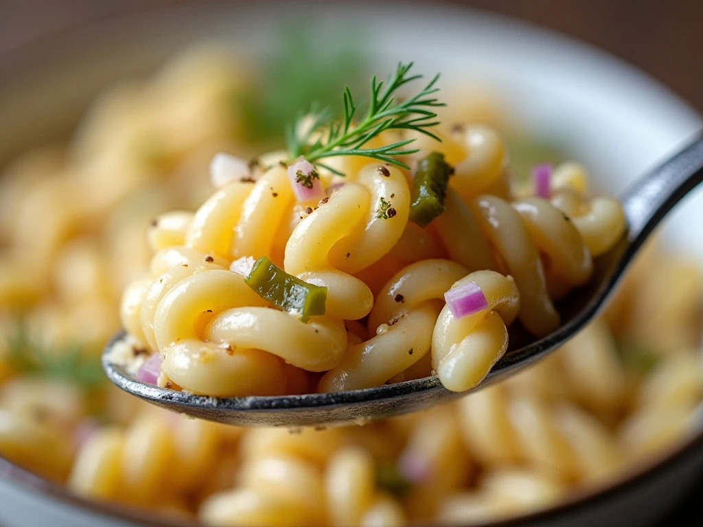 Close-up of dill pickle pasta salad with fresh dill garnish