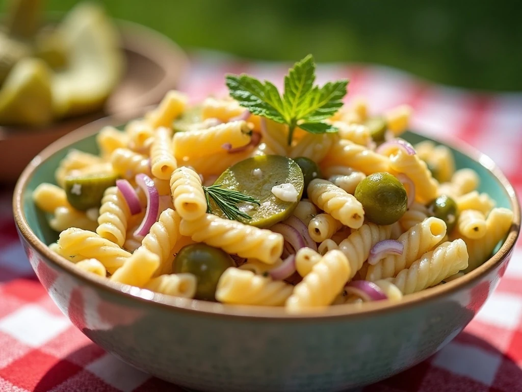Creamy dill pickle pasta salad in a serving bowl