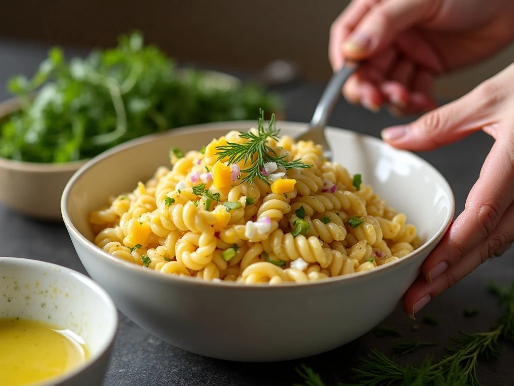 Combining pasta salad ingredients and creamy pickle dressing