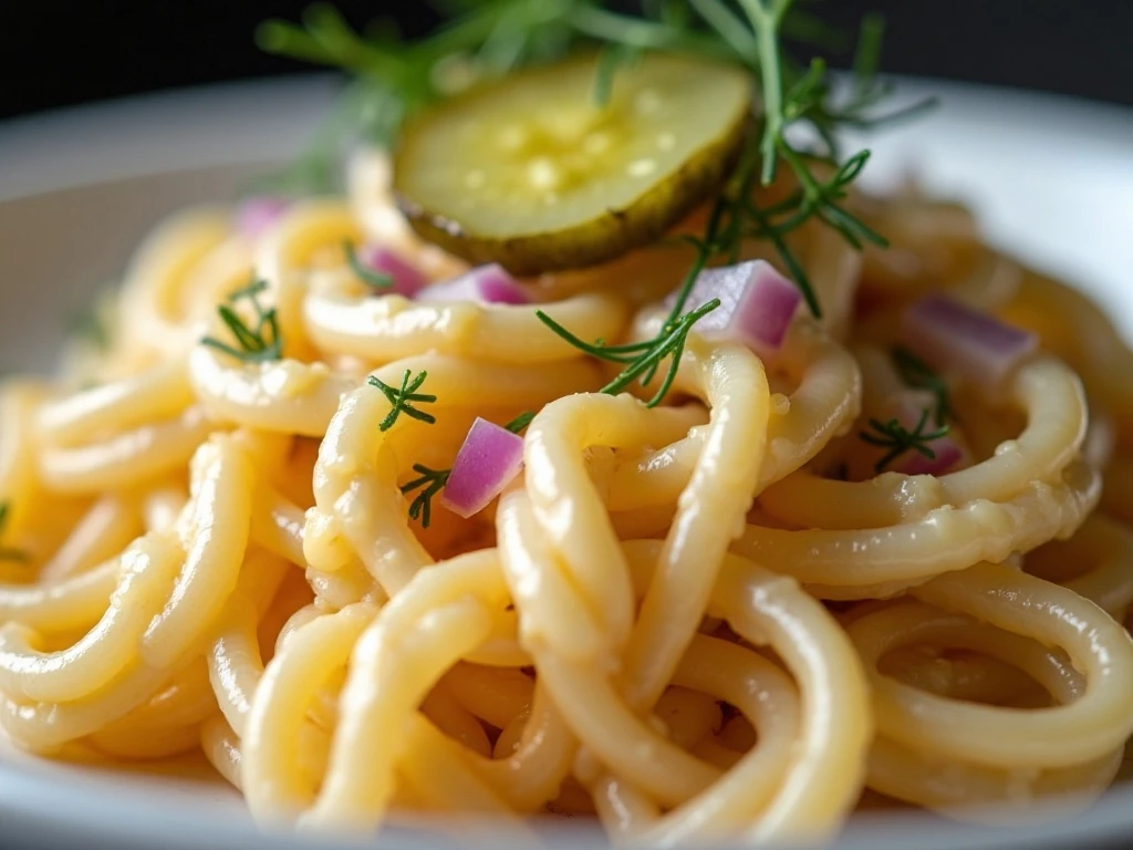 Creamy dressing coating rotini with pickles and fresh dill