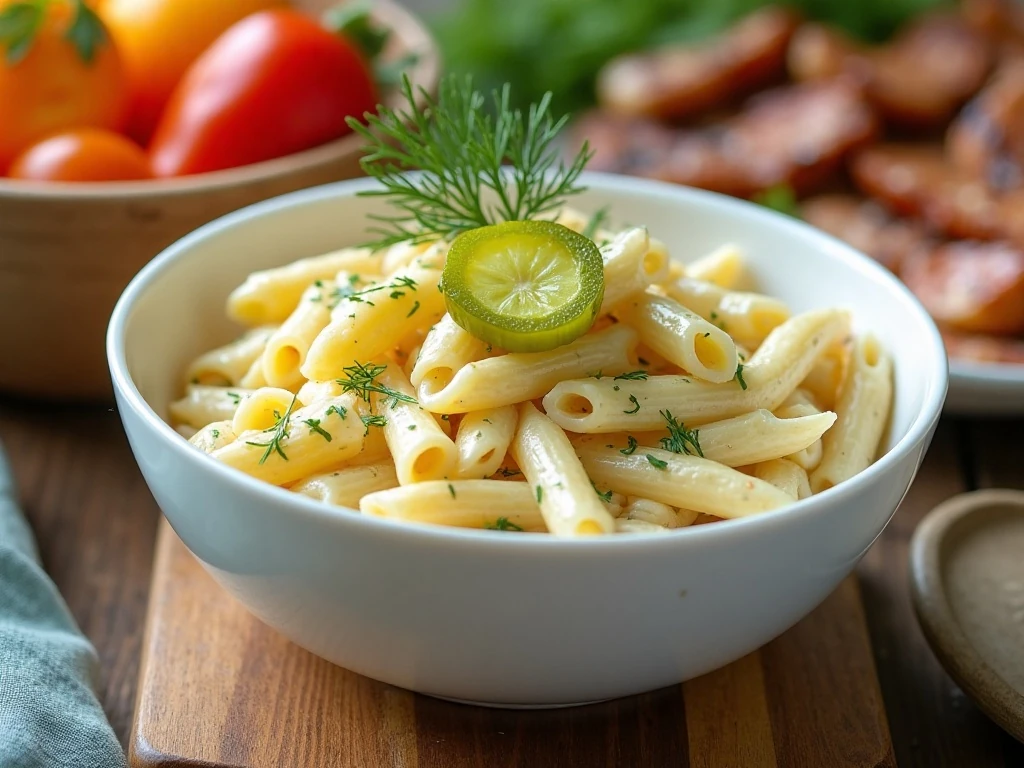 Dill pickle pasta salad served at a summer meal