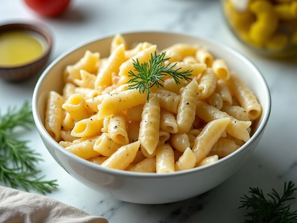 Refreshing chilled creamy dill pickle pasta salad before serving