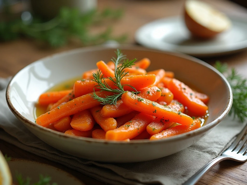 A bowl of easy dilled carrots with butter and fresh dill