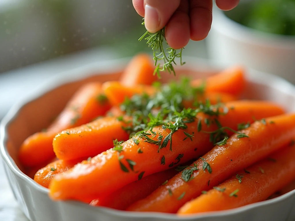 Fresh dill garnishing buttered carrots