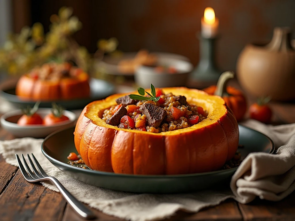 Whole baked pumpkin filled with savory beef, tomato, and rice