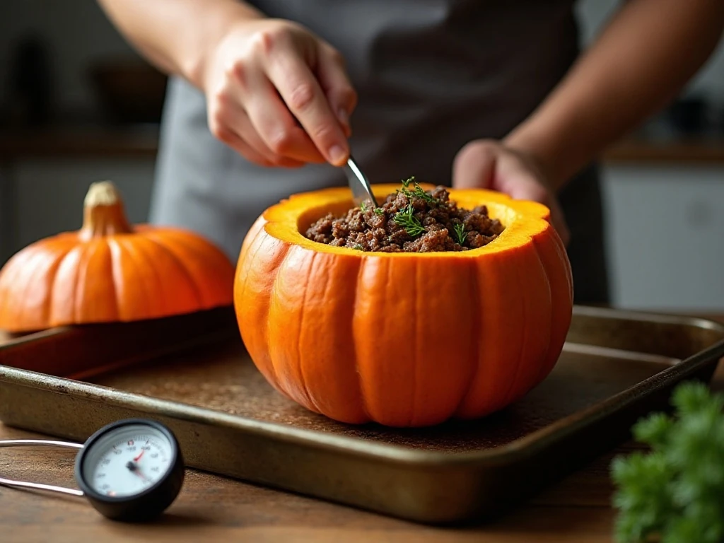 Filled pumpkin resting on a baking sheet before baking