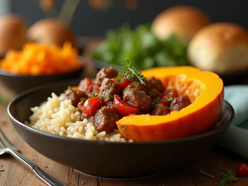 Serving of beef and rice with tender pumpkin flesh