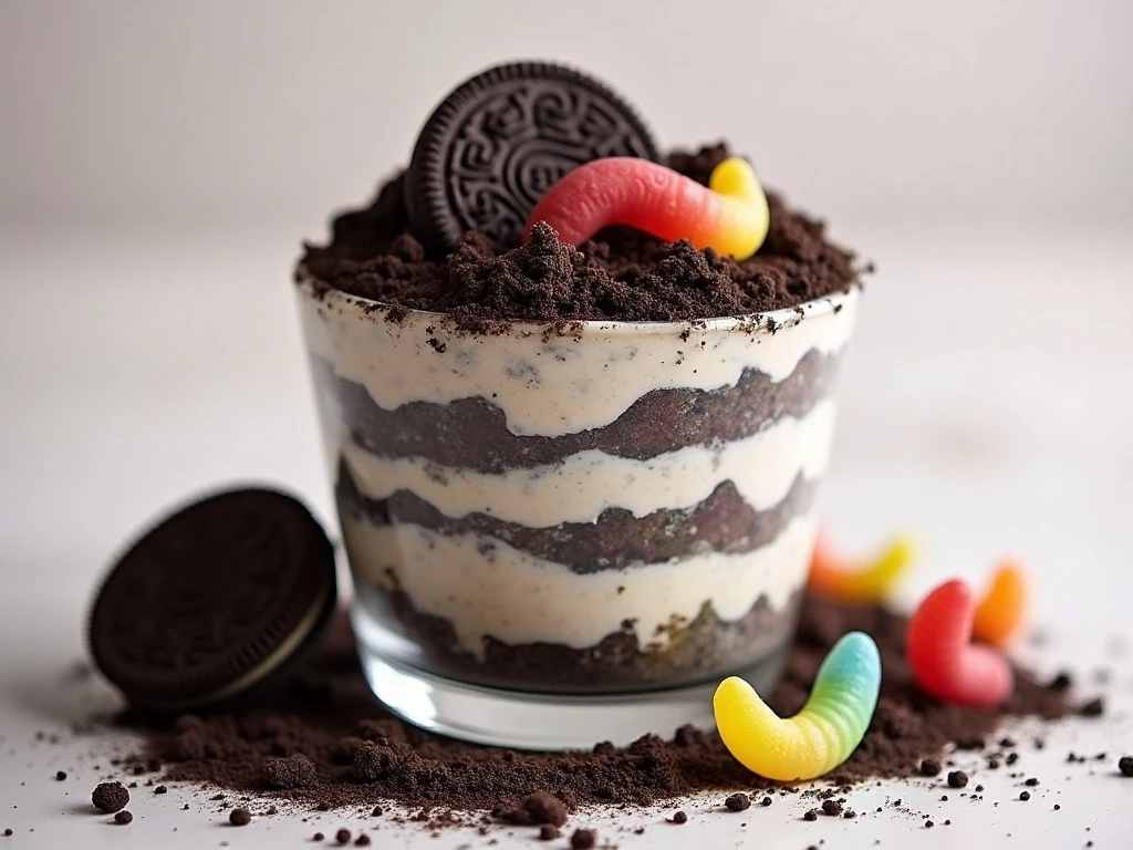 A dish of creamy Oreo dirt cake decorated with gummy worms