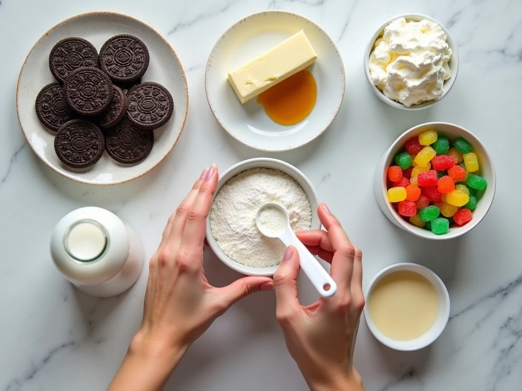 Ingredients for homemade no-bake dirt cake arranged on a counter