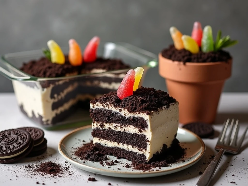 Dirt cake served in a glass dish, trifle bowl, and clean flowerpot