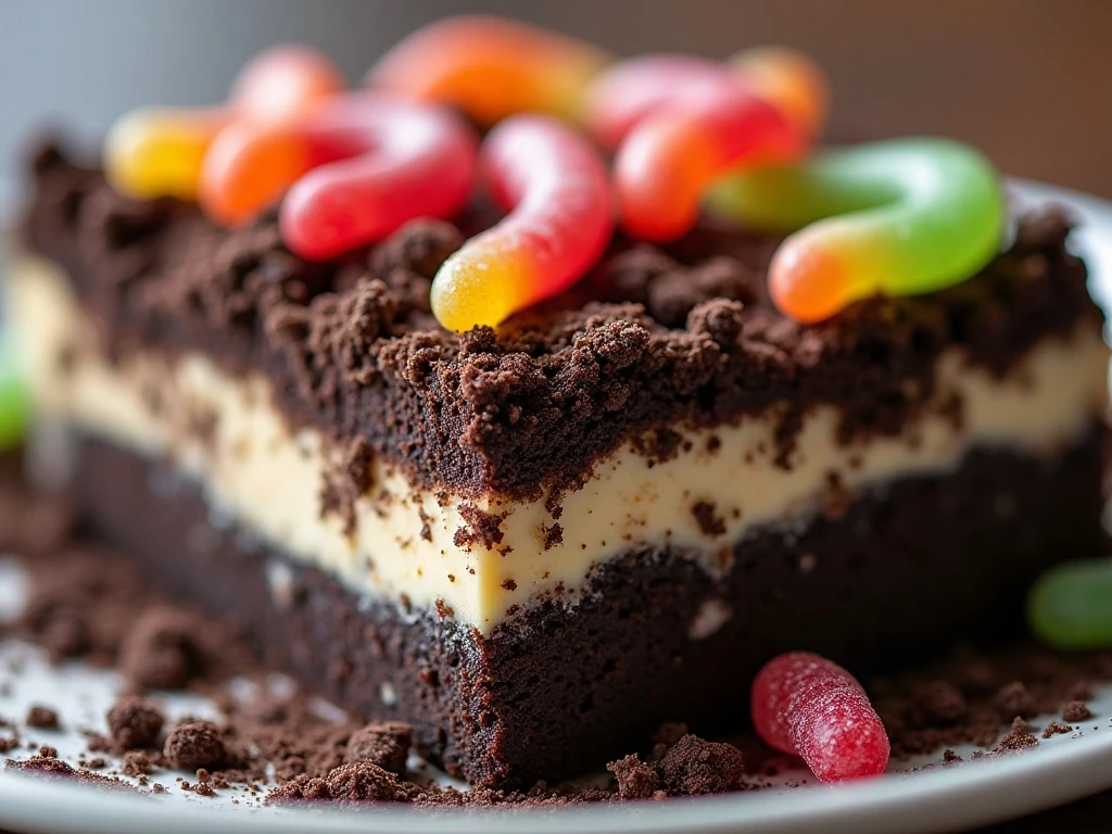 Gummy worms tucked into the Oreo crumb topping of dirt cake