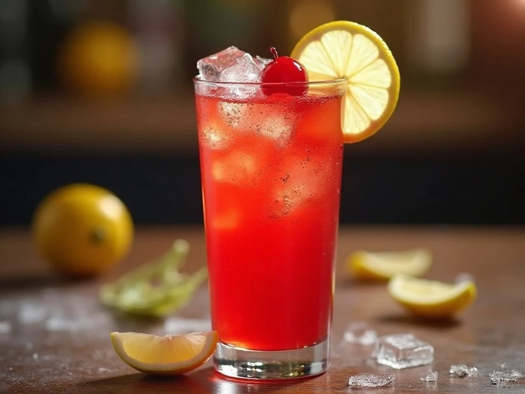 Vibrant Dirty Shirley cocktail with cherry and lime