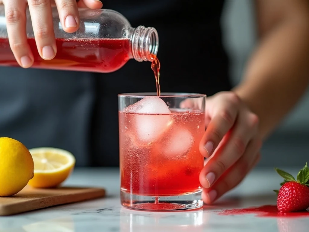 Adding vodka and grenadine to an iced cocktail glass