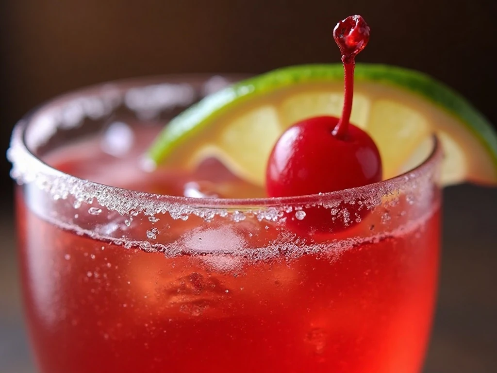 Maraschino cherry and lime garnish on a Dirty Shirley