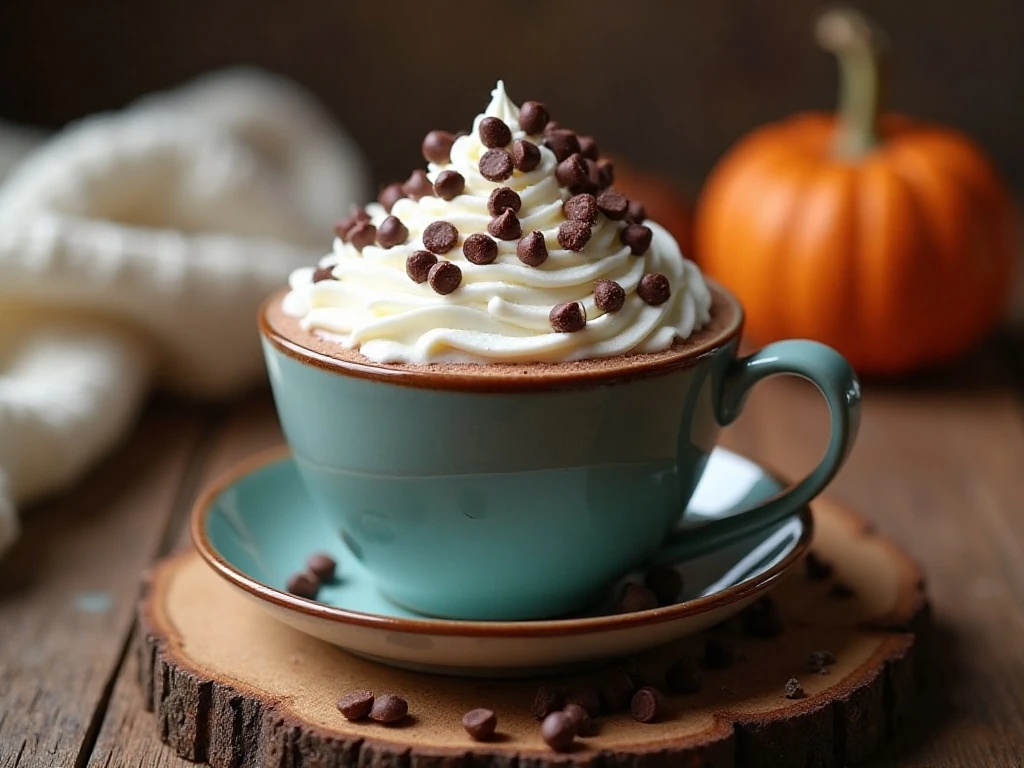 Creamy homemade hot chocolate in a mug with whipped cream and chocolate chips