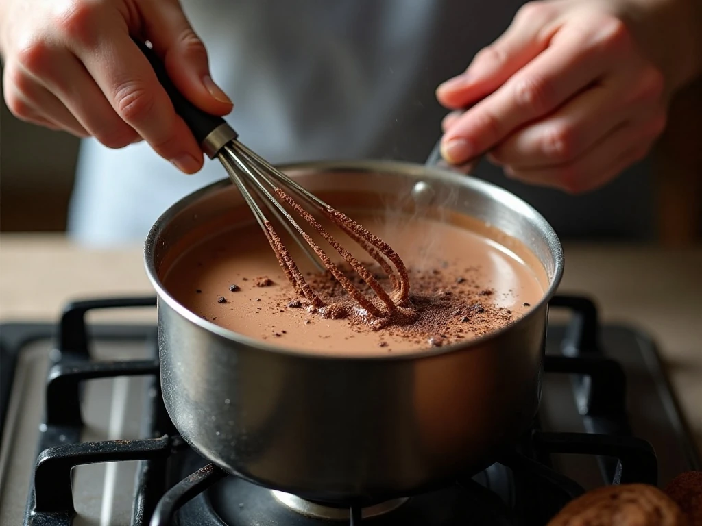 Whisking hot chocolate mix into steaming milk until creamy