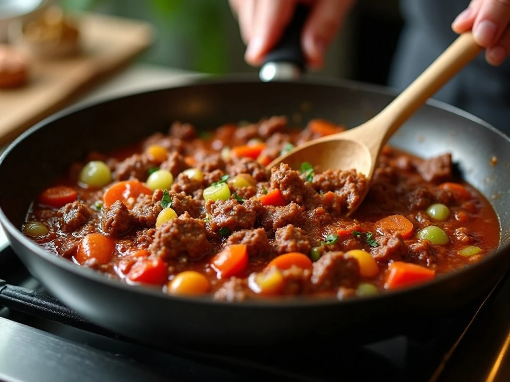 Thick beef filling simmering in a skillet for oven bunwiches