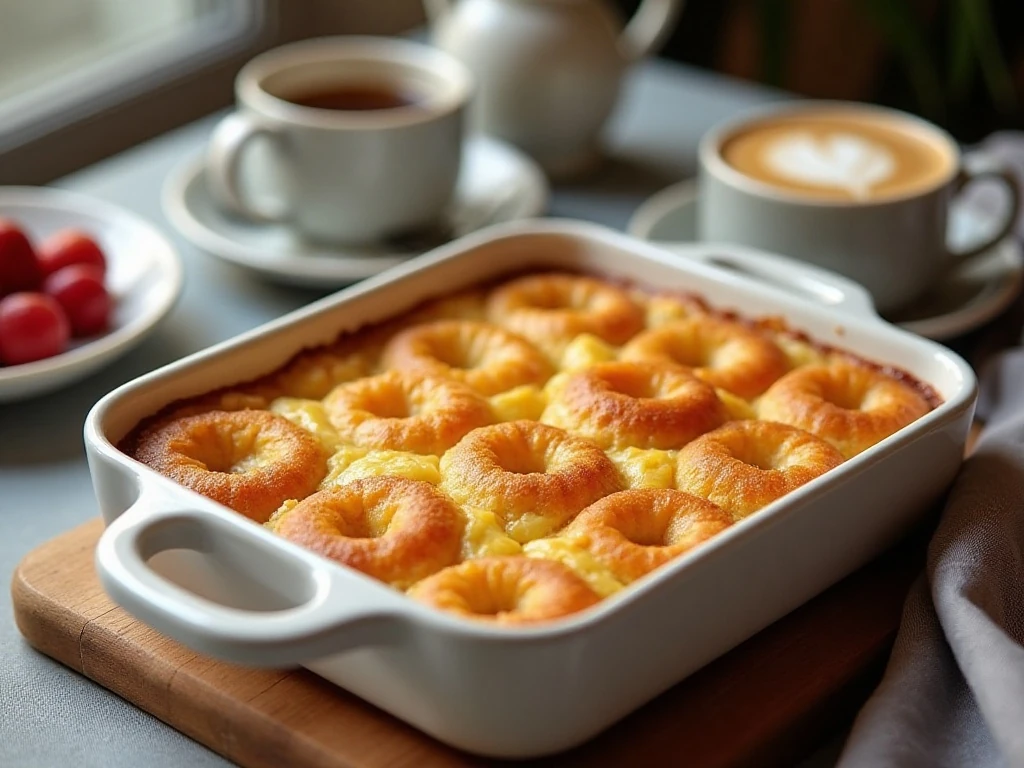 Golden donut breakfast casserole served for a cozy brunch