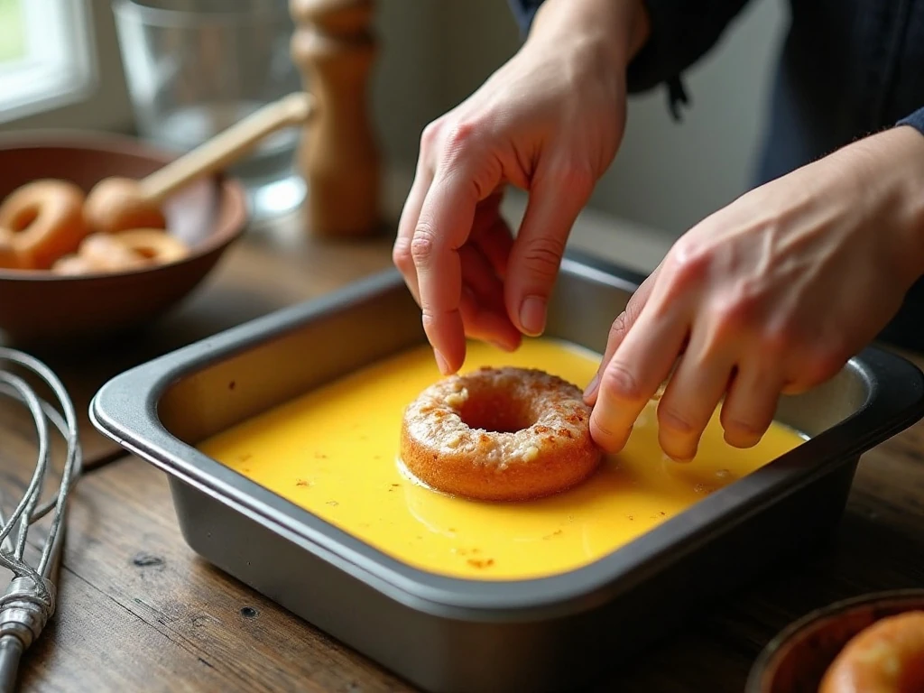 Donut pieces soaking in egg custard before baking