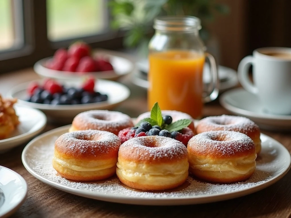 Donut casserole served with maple syrup and fresh berries