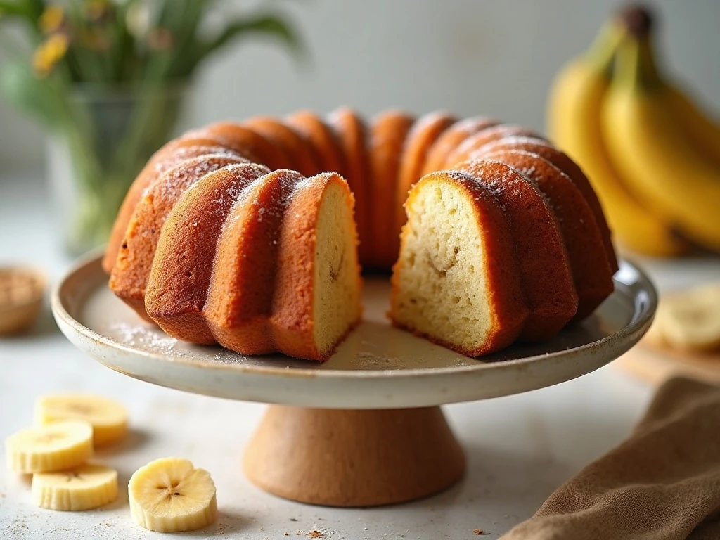 Golden double banana pound cake on a cake stand