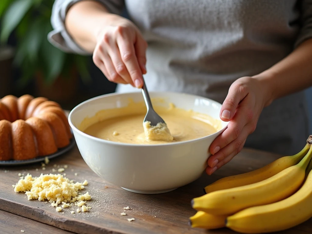 Mixing banana pound cake batter before baking