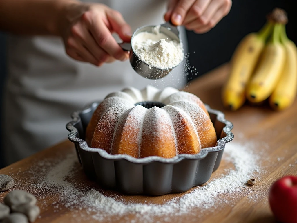 Preparing a Bundt pan for banana pound cake