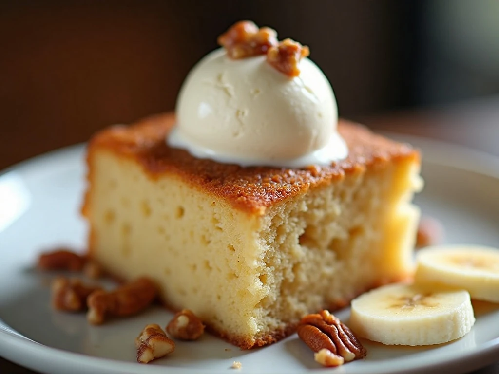 Slice of banana pound cake with ice cream and pecans