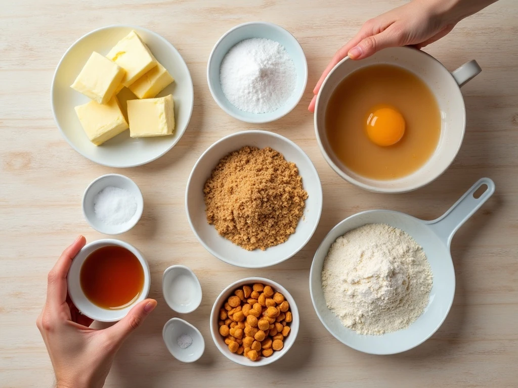 Ingredients for double butterscotch cookies arranged in a flat lay