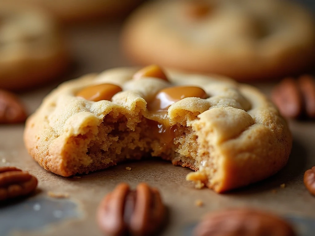 Close-up of the chewy center and butterscotch chips in a cookie