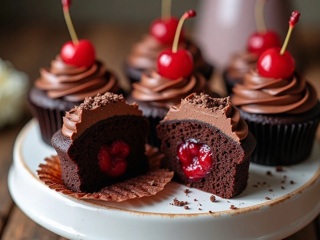 Chocolate cherry-filled cupcakes displayed on a dessert stand