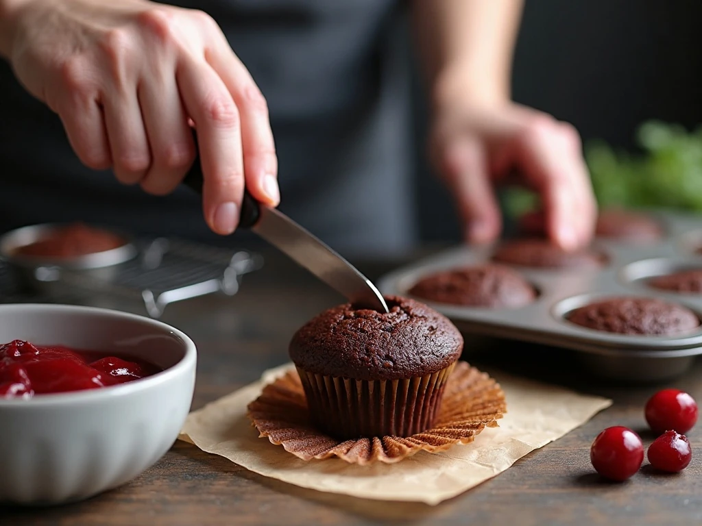 Coring a chocolate cupcake before adding cherry filling
