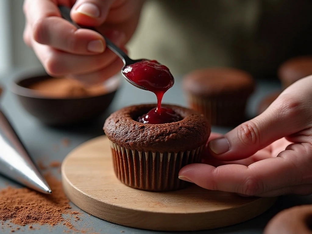 Filling a chocolate cupcake with cherry pie filling