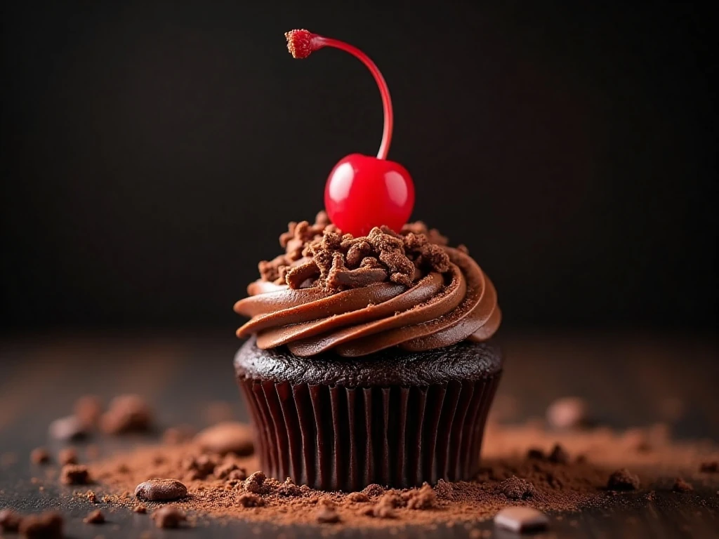 Chocolate frosting, cherry, and chocolate shavings on a cupcake