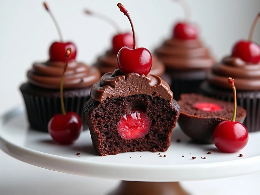 Finished double chocolate cherry-filled cupcakes with visible centers