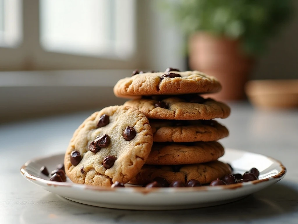 Stack of thick fudgy double chocolate chip cookies