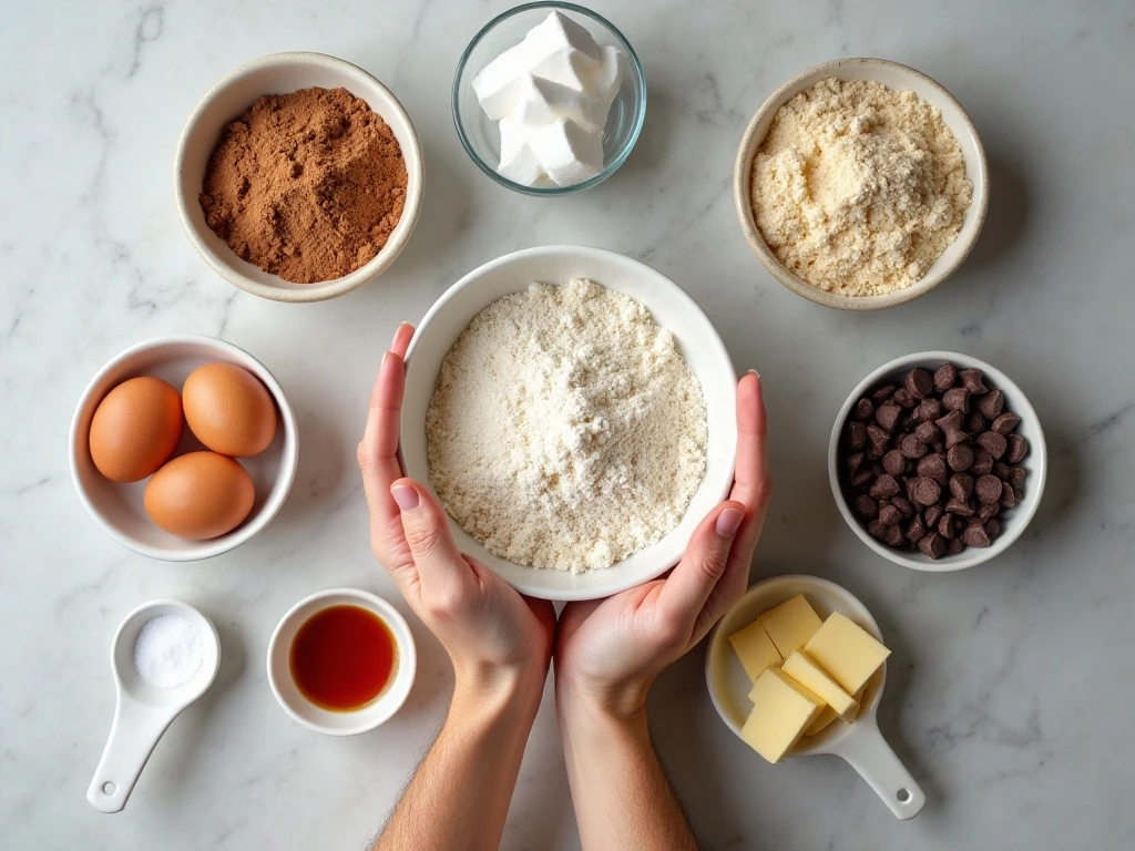 Ingredients for double chocolate chip cookies arranged for baking